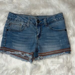 V Gold Girls Distressed Denim Jean Shorts w/ Orange & Yellow Embroidery Size 7